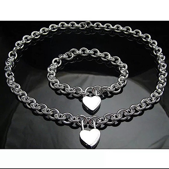Boho Sterling Silver Heart Lock Pendant Necklace Bracelet Set - Picture 3 of 6